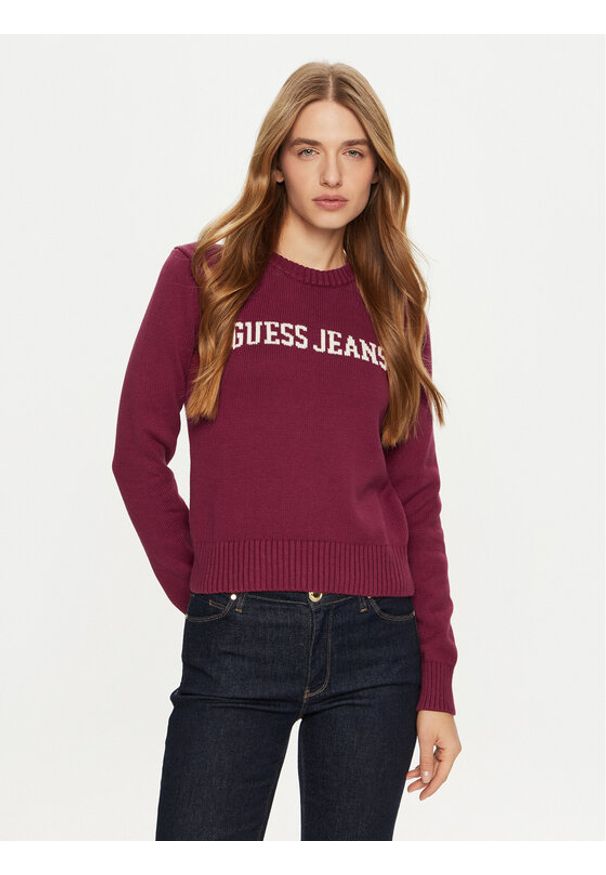 Guess Jeans Sweter W4BR10 Z3HM1 Fioletowy Regular Fit. Kolor: fioletowy. Materiał: bawełna