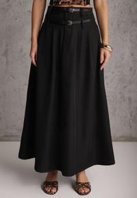 Renee - Czarna Rozkloszowana Spódnica w Stylu Preppy z Kieszeniami i Podwójnym Paskiem Doripla. Okazja: na co dzień. Kolekcja: plus size. Kolor: czarny. Materiał: tkanina. Wzór: gładki. Styl: casual #6