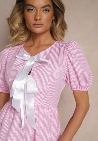 Renee - Różowa Retro Sukienka w Kratkę Vichy o Rozkloszowanym Kroju z Wiązaniem Temarea. Okazja: na co dzień. Kolor: różowy. Materiał: jeans. Wzór: kratka. Typ sukienki: rozkloszowane. Styl: retro #3