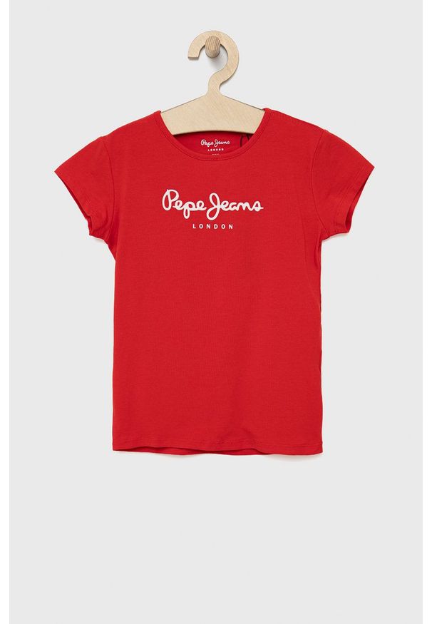 Pepe Jeans t-shirt dziecięcy Hana kolor czerwony. Okazja: na co dzień. Kolor: czerwony. Materiał: dzianina. Długość rękawa: krótki rękaw. Długość: krótkie. Wzór: nadruk. Styl: casual
