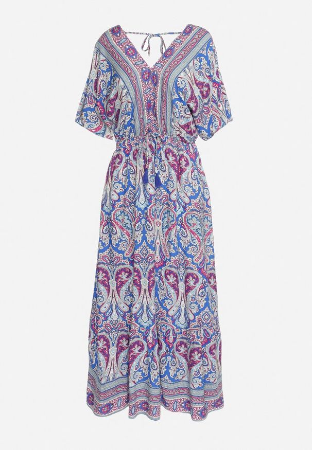 Born2be - Niebiesko-Fuksjowa Sukienka Maxi z Wiskozy w Stylu Boho z Wzorem Paisley i Gumką w Pasie Naroli. Okazja: na co dzień, na spacer. Typ kołnierza: dekolt w kształcie V. Kolor: niebieski. Materiał: wiskoza. Wzór: paisley. Sezon: lato. Styl: boho. Długość: maxi
