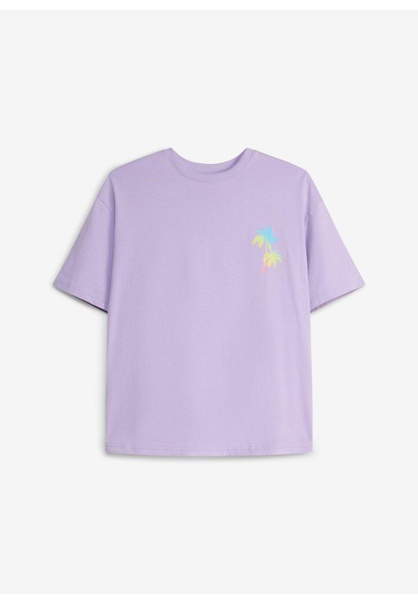 bonprix - T-shirt oversize z czystej bawełny organicznej. Okazja: na co dzień. Kolor: fioletowy. Materiał: bawełna. Wzór: nadruk. Styl: casual