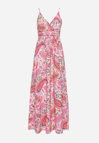 Born2be - Różowa Letnia Sukienka we Wzór Paisley z Regulowanymi Ramiączkami i Sznurkiem w Talii Viafina. Kolor: różowy. Materiał: tkanina. Długość rękawa: na ramiączkach. Wzór: paisley. Sezon: lato #3