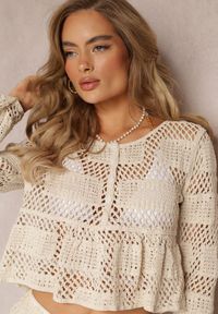 Renee - Beżowa Bluzka z Szydełkowej Bawełny z Ozdobną Falbaną Vemni. Okazja: na co dzień. Kolor: beżowy. Materiał: bawełna. Styl: casual #4