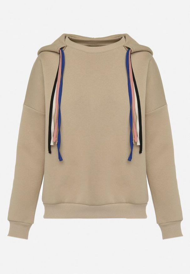 Born2be - Beżowa Bluza z Kapturem i Ozdobnymi Sznurkami Cebele. Typ kołnierza: kaptur. Kolor: beżowy. Materiał: bawełna, tkanina. Wzór: aplikacja, kolorowy