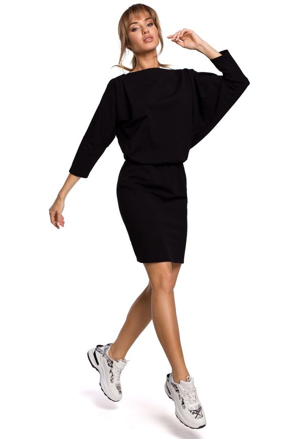 e-margeritka - Dzianinowa sukienka z luźną górą czarna - s/m. Okazja: na co dzień. Kolor: czarny. Materiał: dzianina. Typ sukienki: ołówkowe, dopasowane. Styl: casual. Długość: mini