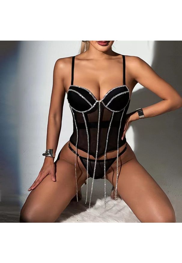 Intica - Komplet bielizny z łańcuszkami na specjalne okazje Sylvie. Kolor: czarny. Materiał: materiał