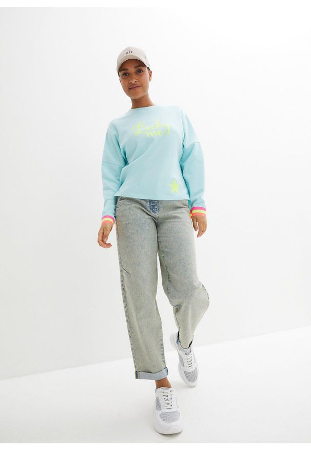 bonprix - Bawełniana bluza oversize z kolorowym ściągaczem i mankietami. Kolor: niebieski. Materiał: bawełna. Wzór: kolorowy