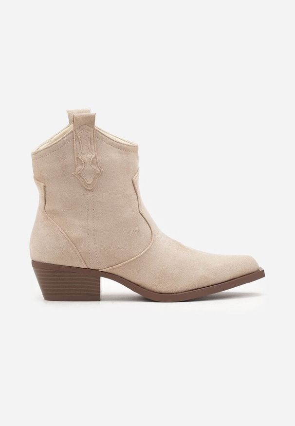 Born2be - Beżowe Botki Kowbojki na Obcasie na Suwak Evitha. Kolor: beżowy. Materiał: jeans. Obcas: na obcasie. Styl: elegancki, klasyczny. Wysokość obcasa: średni