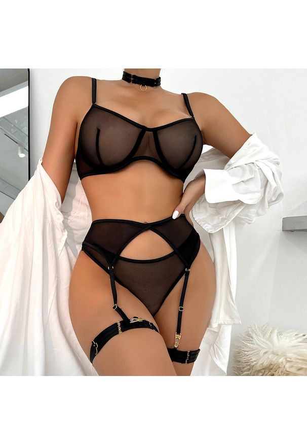 Intica - Komplet bielizny z siateczki z regulowanymi paskami Zihnija. Kolor: czarny. Wzór: paski