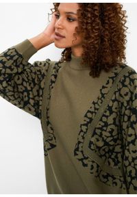 Przyjazny dla środowiska sweter z połyskującymi kamieniami bonprix zielony khaki - czarny wzorzysty. Kolor: zielony. Materiał: materiał, poliester, poliamid #3