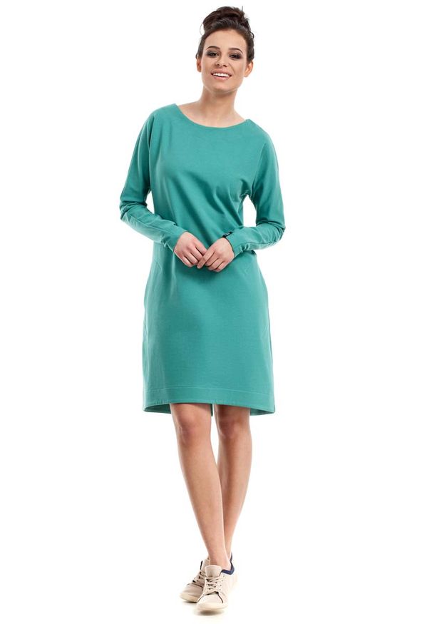 MOE - Zielona Sukienka Trapezowa z Kieszeniami. Kolor: zielony. Materiał: bawełna, elastan. Typ sukienki: trapezowe
