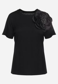 Born2be - Czarny Bawełniany T-shirt z Krótkim Rękawem i Aplikacją w Kształcie Kwiatu z Cyrkoniami Dimantee. Okazja: na co dzień. Kolor: czarny. Materiał: bawełna. Długość rękawa: krótki rękaw. Długość: krótkie. Wzór: aplikacja, kwiaty. Styl: casual, klasyczny #3