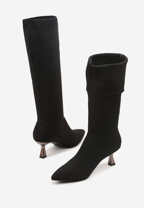 Born2be - Czarne Kozaki Vices na Obcasie Kaczuszce z Elastyczną Cholewką Asenella. Okazja: na co dzień. Kolor: czarny. Materiał: jeans. Szerokość cholewki: normalna. Obcas: na obcasie. Styl: casual. Wysokość obcasa: średni