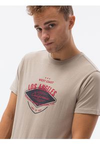 Ombre Clothing - T-shirt męski z nadrukiem S1434 V-21D - beżowy - XXL. Kolor: beżowy. Materiał: bawełna. Wzór: nadruk. Styl: klasyczny