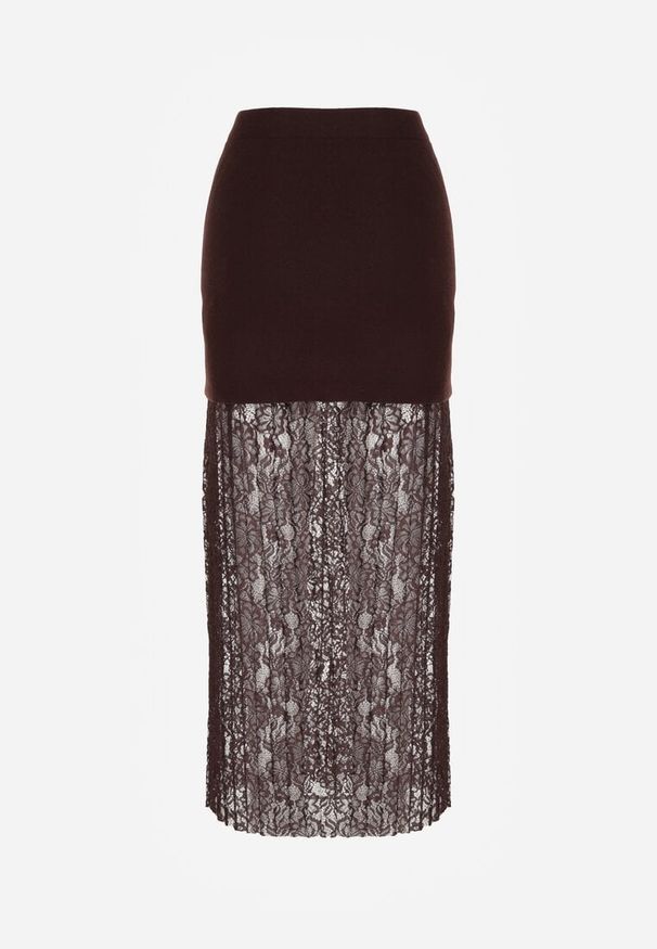 Born2be - Brązowa Dzianinowa Spódnica z Wiskozą Zdobiona Koronką i Guzikami Sewora. Okazja: na co dzień. Kolor: brązowy. Materiał: dzianina, wiskoza, koronka. Wzór: aplikacja, koronka. Styl: casual, klasyczny