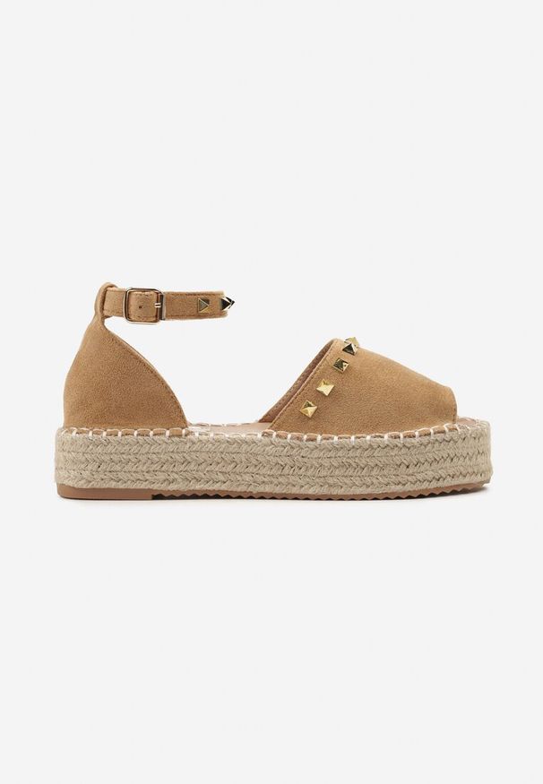 Renee - Brązowe Sandały Espadryle na Platformie z Plecionką Ozdobione Ćwiekami Salphie. Nosek buta: otwarty. Kolor: brązowy. Wzór: aplikacja. Obcas: na platformie. Styl: klasyczny