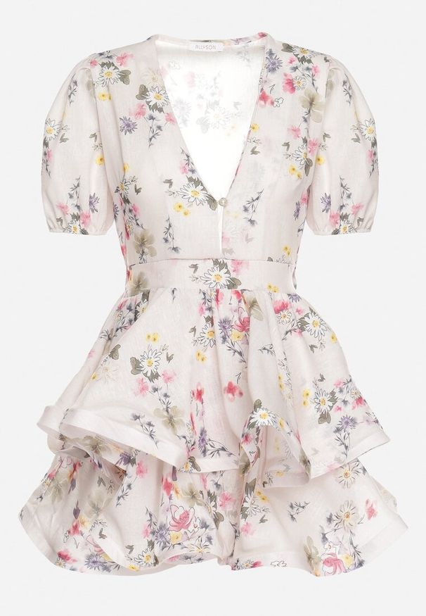 Born2be - Biała Bawełniana Sukienka w Kwiaty o Rozkloszowanym Kroju z Falbankami Norittia. Okazja: na co dzień. Typ kołnierza: kołnierz z falbankami. Kolor: biały. Materiał: bawełna. Długość rękawa: krótki rękaw. Wzór: kwiaty. Styl: elegancki, casual