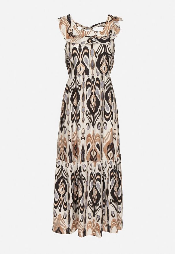 Born2be - Czarna Rozkloszowana Sukienka z Wiskozą Wiązana na Plecach w Print Boho Turielia. Okazja: na spacer. Kolor: czarny. Materiał: wiskoza. Długość rękawa: na ramiączkach. Wzór: nadruk. Sezon: lato. Styl: boho