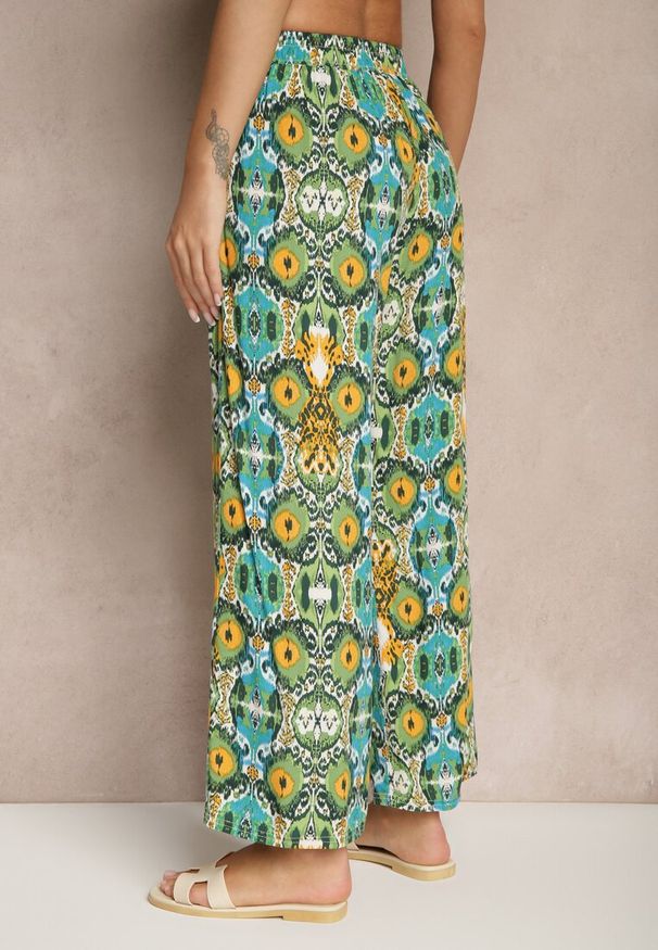 Renee - Zielone Bawełniane Spodnie High Waist Szerokie we Wzór Boho Tolioria. Okazja: na co dzień, do pracy. Stan: podwyższony. Kolor: zielony. Materiał: bawełna. Styl: boho