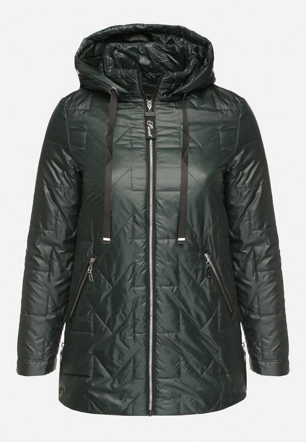 Born2be - Ciemnozielona Pikowana Kurtka Ozdobiona Pikowaniem z Odpinanym Kapturem Falerosa. Okazja: na spacer, na co dzień. Kolekcja: plus size. Kolor: zielony. Materiał: jeans. Wzór: aplikacja. Styl: casual