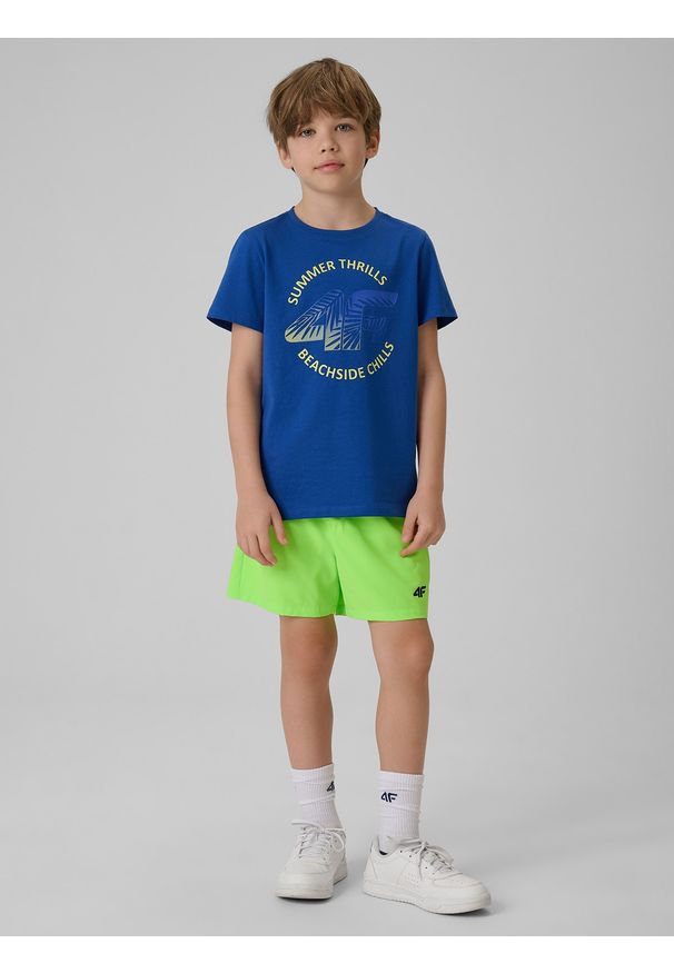 4f - 4F T-shirt loose z nadrukiem chłopięcy - niebieski 122 (6-7 lat). Okazja: na co dzień, na uczelnię. Kolor: niebieski. Materiał: dzianina, materiał, dresówka, bawełna, skóra. Wzór: nadruk. Sezon: lato. Styl: casual