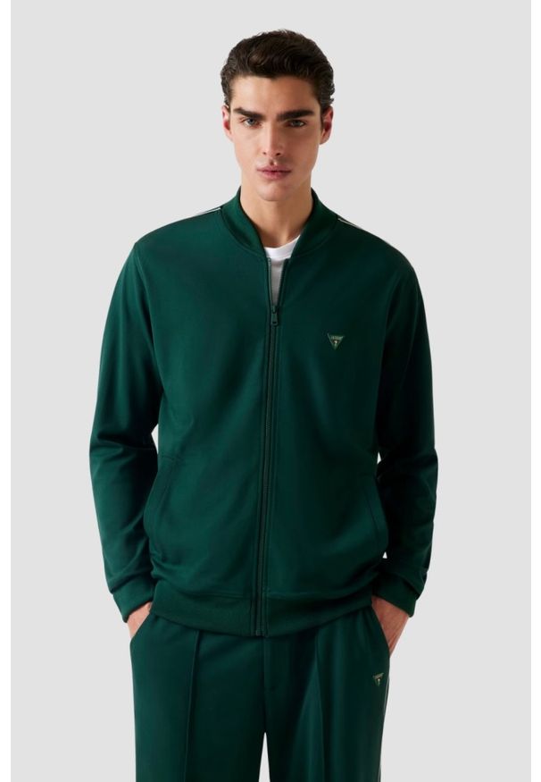 Guess - GUESS Zielona męska bluza rozpinana Truck Interlock, Rozmiar M. Kolor: zielony. Materiał: poliester, wiskoza, elastan, materiał. Długość rękawa: długi rękaw. Długość: długie. Styl: elegancki, klasyczny