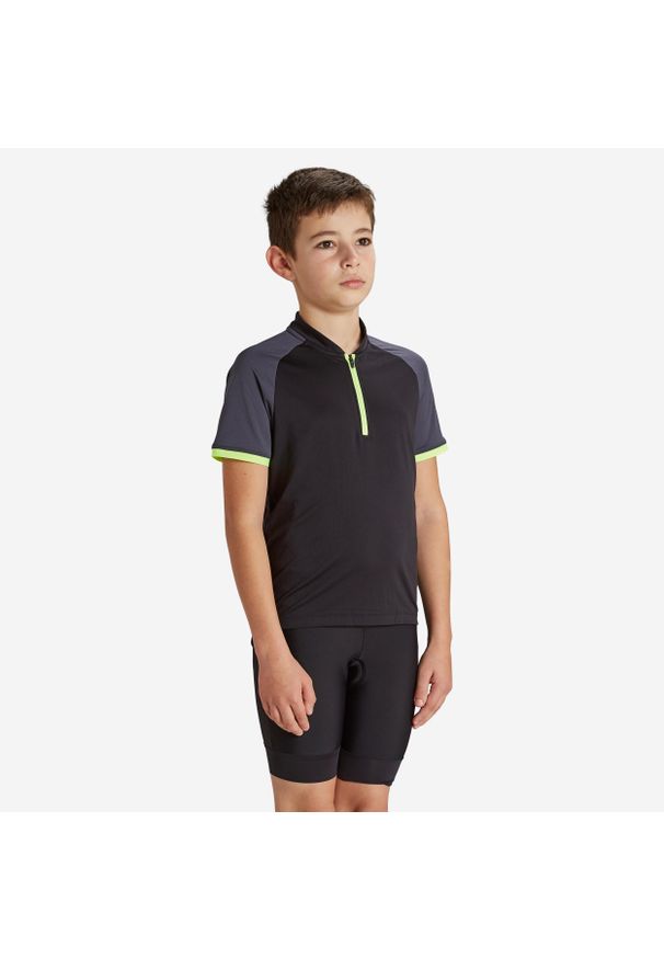 BTWIN - Koszulka rowerowa dla dzieci Btwin 500 krótki rękaw. Kolor: szary, wielokolorowy, czarny. Materiał: poliester, materiał. Długość rękawa: krótki rękaw. Długość: krótkie. Sport: kolarstwo