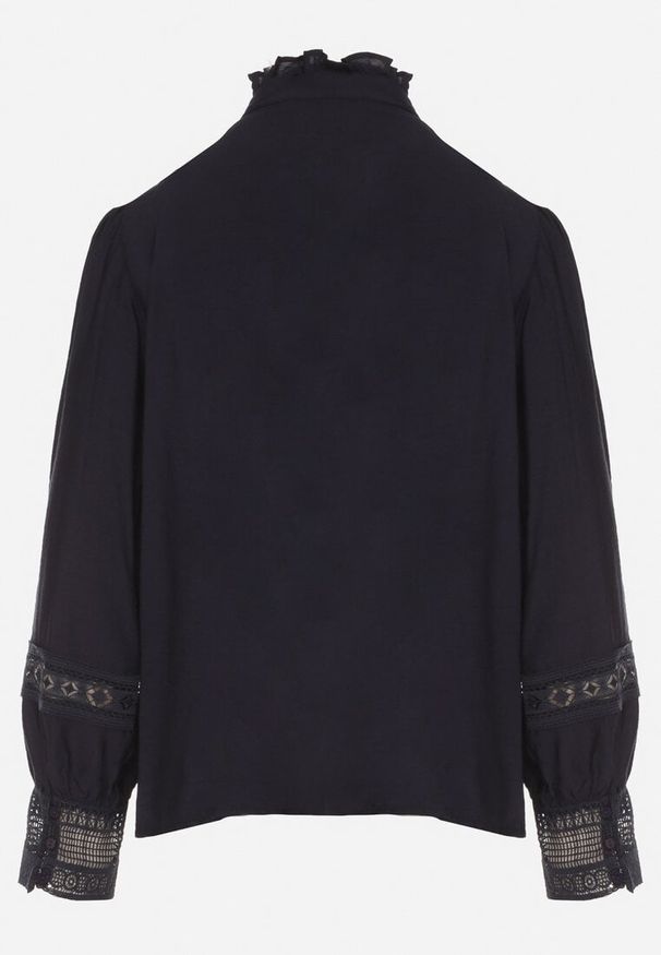 Born2be - Granatowa Koszula ze Stójką i Koronką Argochis. Typ kołnierza: kołnierzyk stójkowy. Kolor: niebieski. Materiał: koronka. Wzór: koronka