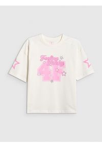4f - 4F T-shirt loose z nadrukiem dziewczęcy - biały 158/164 (12-14 lat). Okazja: na co dzień. Kolor: biały. Materiał: dzianina, bawełna. Wzór: nadruk. Sezon: lato. Styl: casual #1