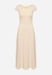 Born2be - Jasnobeżowa Sukienka z Wiskozą o Rozkloszowanym Kroju z Kwadratowym Dekoltem Nalireina. Okazja: na co dzień. Typ kołnierza: dekolt kwadratowy. Kolor: beżowy. Materiał: wiskoza. Typ sukienki: proste, rozkloszowane. Styl: casual, klasyczny #6