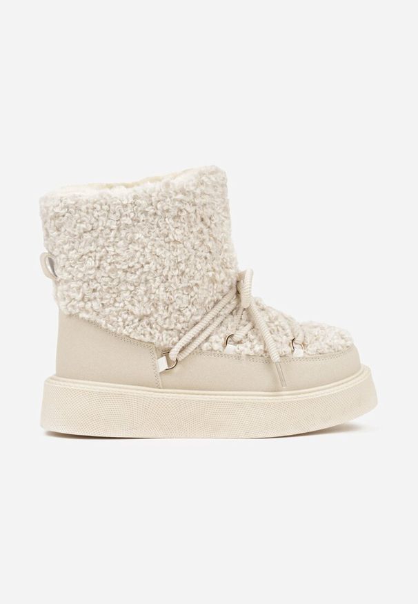 Born2be - Beżowe Śniegowce Ozdobione Futerkiem w Stylu Baranka Allero. Okazja: na co dzień. Kolor: beżowy. Materiał: futro. Wzór: aplikacja. Styl: casual, klasyczny