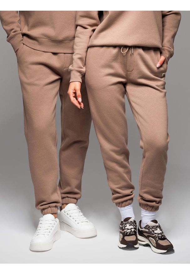 Ombre Clothing - Klasyczne spodnie dresowe unisex ze ściągaczami – brązowe V16 OU-PSBC-0100 - XL/XXL. Kolor: brązowy. Materiał: dresówka. Wzór: aplikacja. Styl: klasyczny