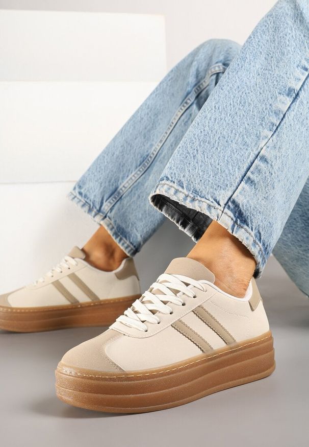 Born2be - Beżowe Sneakersy na Grubej Podeszwie z Ozdobnym Wzorem Felimala. Okazja: na co dzień. Kolor: beżowy. Materiał: jeans