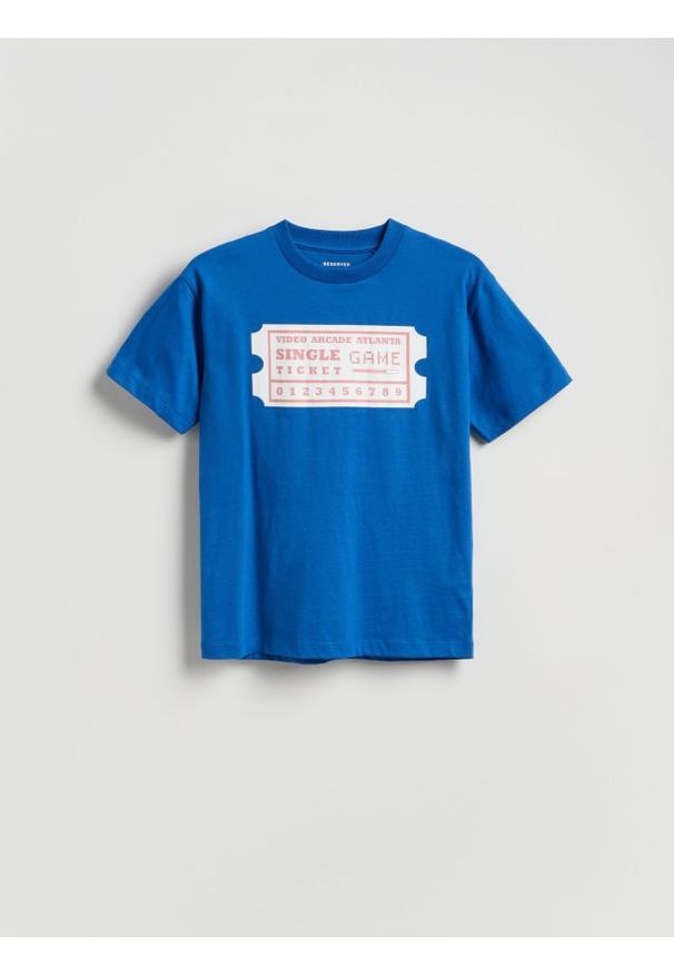 Reserved - T-shirt z nadrukiem - niebieski. Kolor: niebieski. Materiał: dzianina, bawełna. Wzór: nadruk