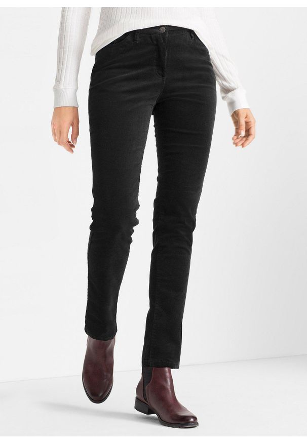 bonprix - Spodnie sztruksowe ze stretchem o kroju slim fit. Kolor: czarny. Materiał: sztruks