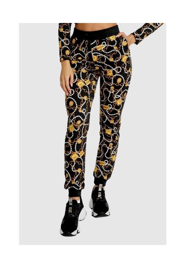MOSCHINO Damskie spodnie dresowe w złote łańcuchy, Rozmiar XS. Kolor: czarny. Materiał: dresówka