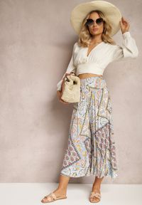 Renee - Beżowo-Niebieskie Szerokie Spodnie Culottes z Mozaikowym Wzorem i Gumką w Pasie Mizina. Kolor: beżowy. Materiał: wiskoza. Sezon: lato. Styl: boho #4