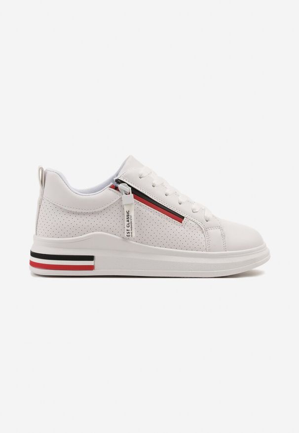 Renee - Białe Sneakersy z Ozdobnymi Napisami Suwakiem i Paskami Tosime. Okazja: na co dzień. Zapięcie: pasek. Kolor: biały. Materiał: jeans. Wzór: napisy
