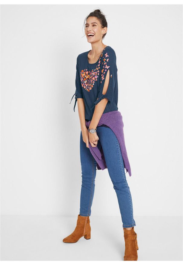 bonprix - Shirt bawełniany cold-shoulder, krótki rękaw. Kolor: niebieski. Materiał: bawełna. Długość rękawa: krótki rękaw. Długość: krótkie. Wzór: nadruk