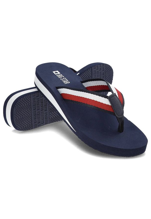 Big-Star - Granatowe Japonki Big Star Wygodne Buty Damskie. Kolor: niebieski. Materiał: materiał. Wzór: aplikacja. Styl: wakacyjny
