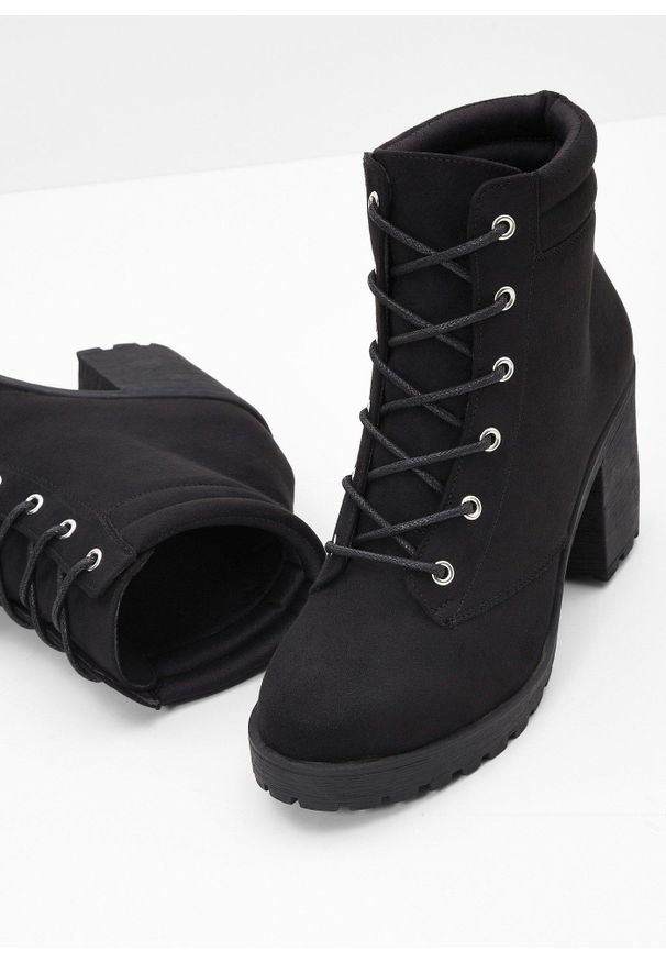bonprix - Botki sznurowane na obcasie słupkowym. Kolor: czarny. Obcas: na obcasie. Styl: elegancki. Wysokość obcasa: średni