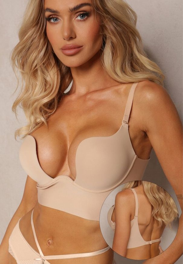 Renee - Beżowy Biustonosz Miseczka B Push Up do Głębokiego Dekoltu Molaria. Kolor: beżowy. Rodzaj stanika: push-up