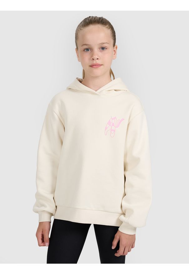 4f - 4F Bluza dresowa nierozpinana z kapturem dziewczęca - biała 158 (12-13 lat). Okazja: na co dzień. Typ kołnierza: kaptur. Kolor: biały. Materiał: dresówka. Wzór: gładki, nadruk, ze splotem. Sezon: lato. Styl: casual, klasyczny, sportowy