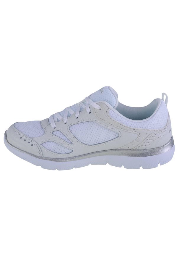 skechers - Buty sportowe Sneakersy damskie, Skechers Summits Suited. Zapięcie: sznurówki. Kolor: biały. Materiał: materiał, syntetyk, tkanina. Szerokość cholewki: normalna. Sport: turystyka piesza