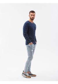 Ombre Clothing - Sweter męski z warkoczowym splotem E195 - ciemnoniebieski - XXL. Okazja: na co dzień. Kolor: niebieski. Materiał: jeans, bawełna, akryl. Wzór: ze splotem. Styl: casual, klasyczny, elegancki #5