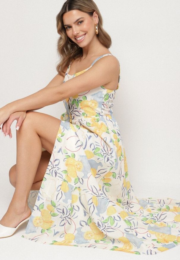 Born2be - Beżowa Sukienka z Bawełny ze Wzorem Cytryn Evitriss. Okazja: na spacer, na co dzień. Kolor: beżowy. Materiał: bawełna. Długość rękawa: na ramiączkach. Sezon: lato. Styl: casual, klasyczny