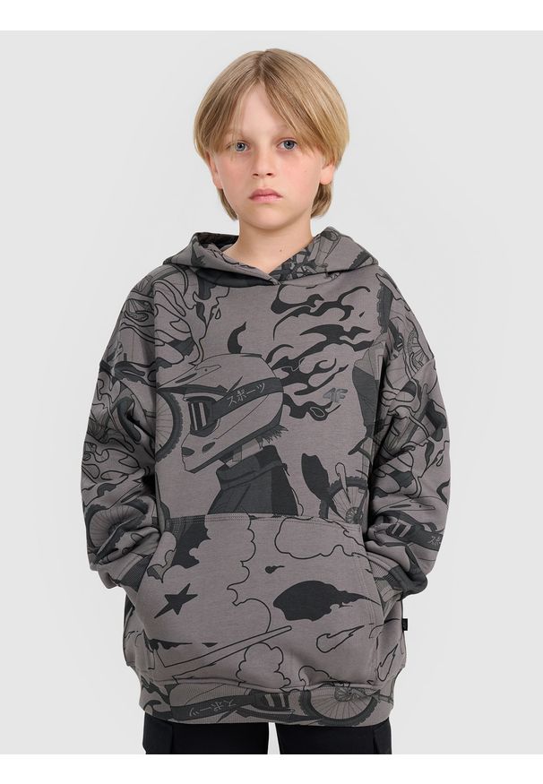 4f - 4F Bluza dresowa nierozpinana z kapturem chłopięca - multikolor 122 (6-7 lat). Okazja: na co dzień. Typ kołnierza: kaptur. Kolor: wielokolorowy. Materiał: dresówka. Wzór: nadruk. Sezon: lato. Styl: sportowy, klasyczny, casual