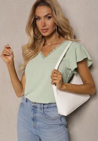 Renee - Zielona Przezroczysta Bluzka z Koronkowymi Wstawkami Lenley. Okazja: na co dzień. Typ kołnierza: kołnierz z falbankami. Kolor: zielony. Materiał: koronka. Styl: casual #5