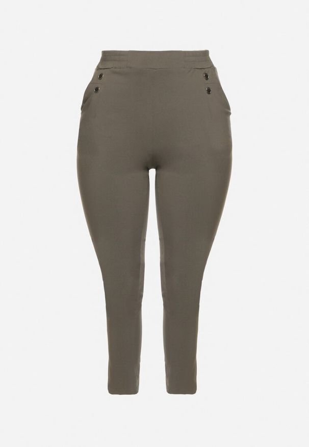 Born2be - Ciemnozielone Spodnie z Wiskozą i Ozdobnymi Guzikami Tenzina. Okazja: na co dzień. Kolekcja: plus size. Kolor: zielony. Materiał: wiskoza. Styl: sportowy, casual, elegancki